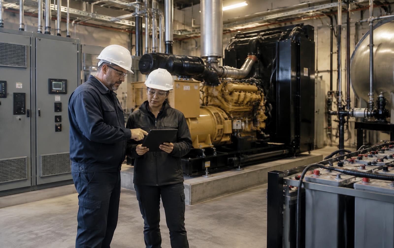 Technical specialists reviewing backup power infrastructure